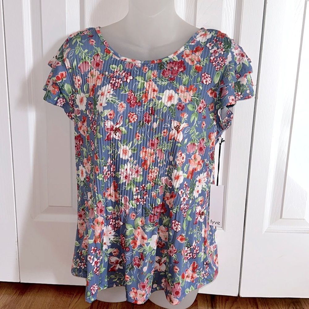 Fyve Floral Silky Blue Top Blouse Shirt Boho Ribbed Design Small S NWT